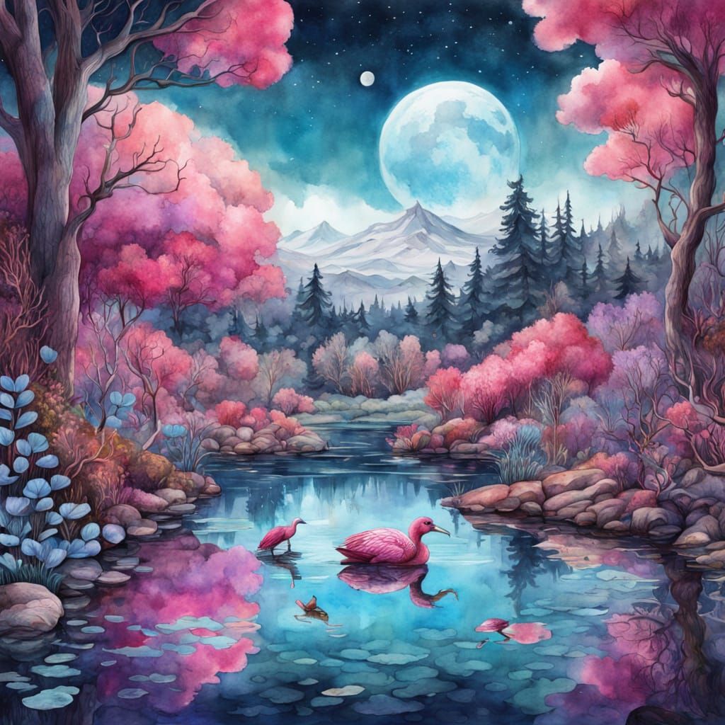 Pink and Blue Pond: Watercolour Fantasy Illustration