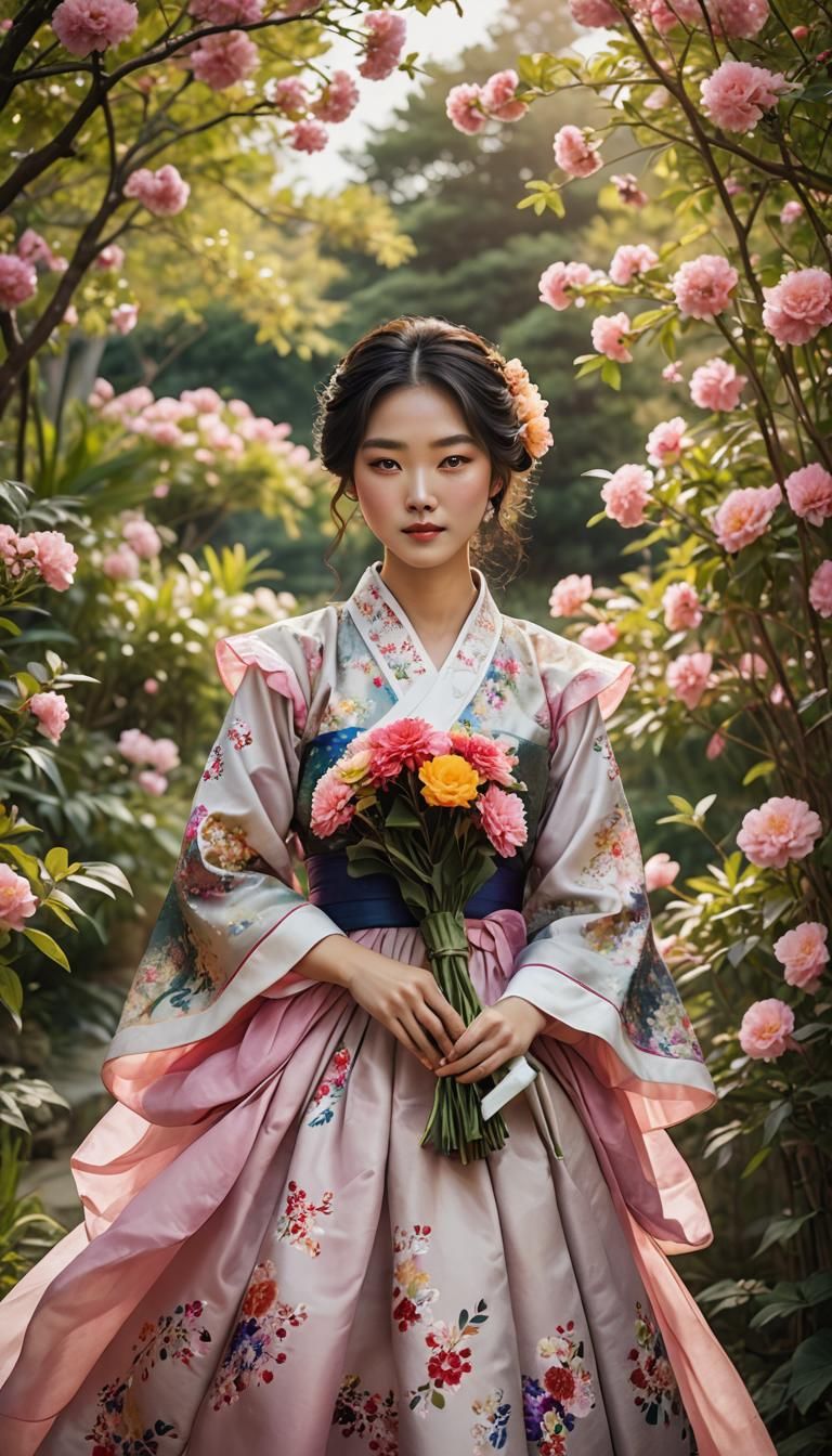 Korean Girl in Floral Garden, High-Fashion Photo