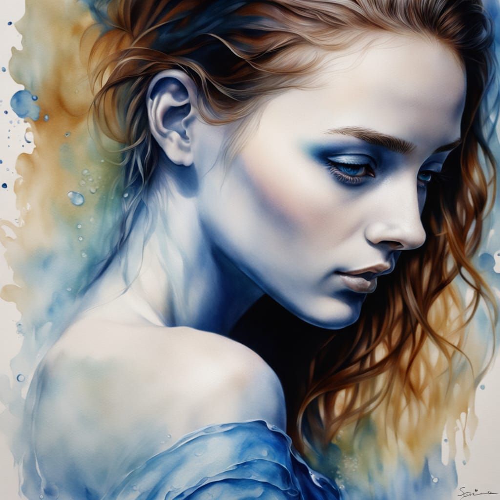 Serene Blue Watercolor Portrait of a Beautiful Woman