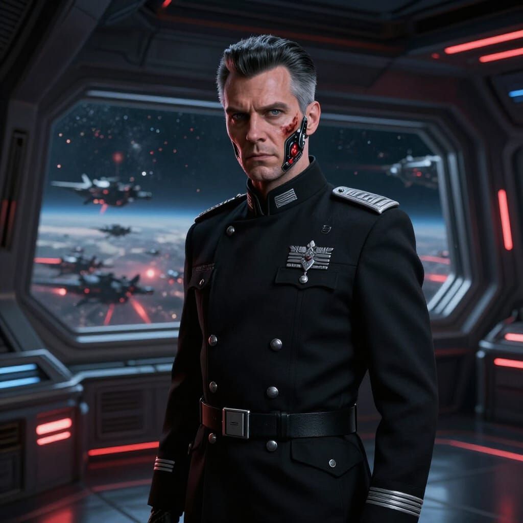 Sci-Fi Admiral Thorne on Gothic Spaceship Bridge
