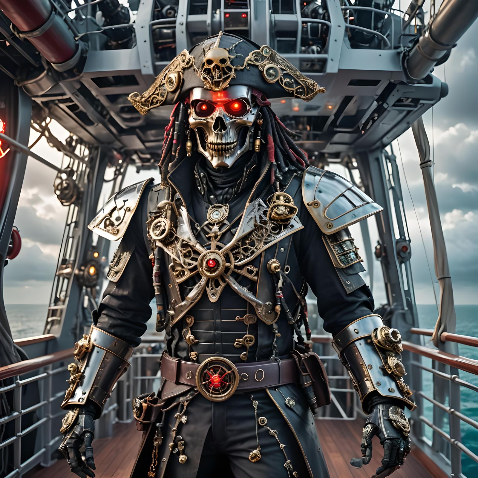 Cyborg Pirate on Futuristic Ship Deck in Cyberpunk Style