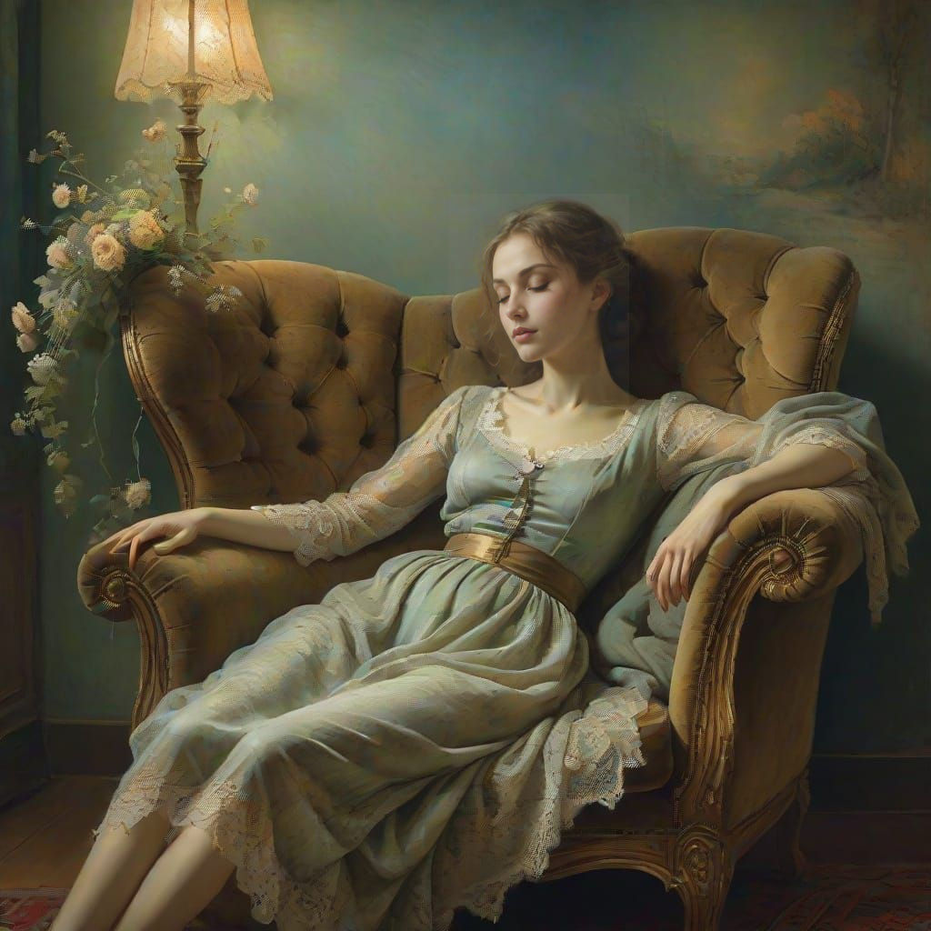 Young Woman Slumbers in a Wooden Chair