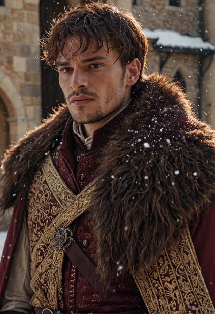 Snowy Medieval Castle Courtyard with Young Lord