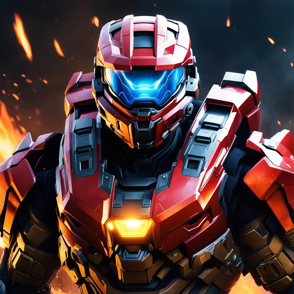 Halo Spartan Emerges from Fire: Hyperdetailed Portrait