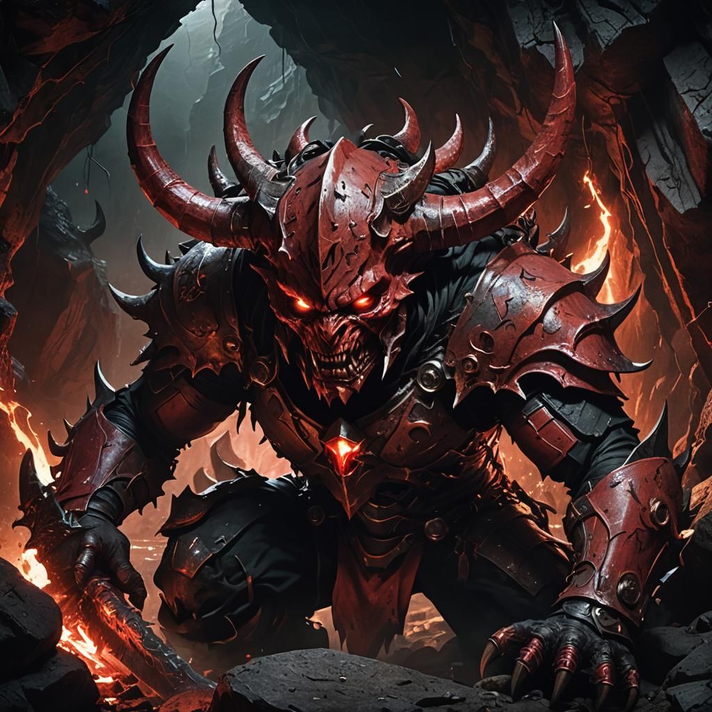 Battle-Damaged Demon in Hellish Cave, Dark Fantasy Illustrat...