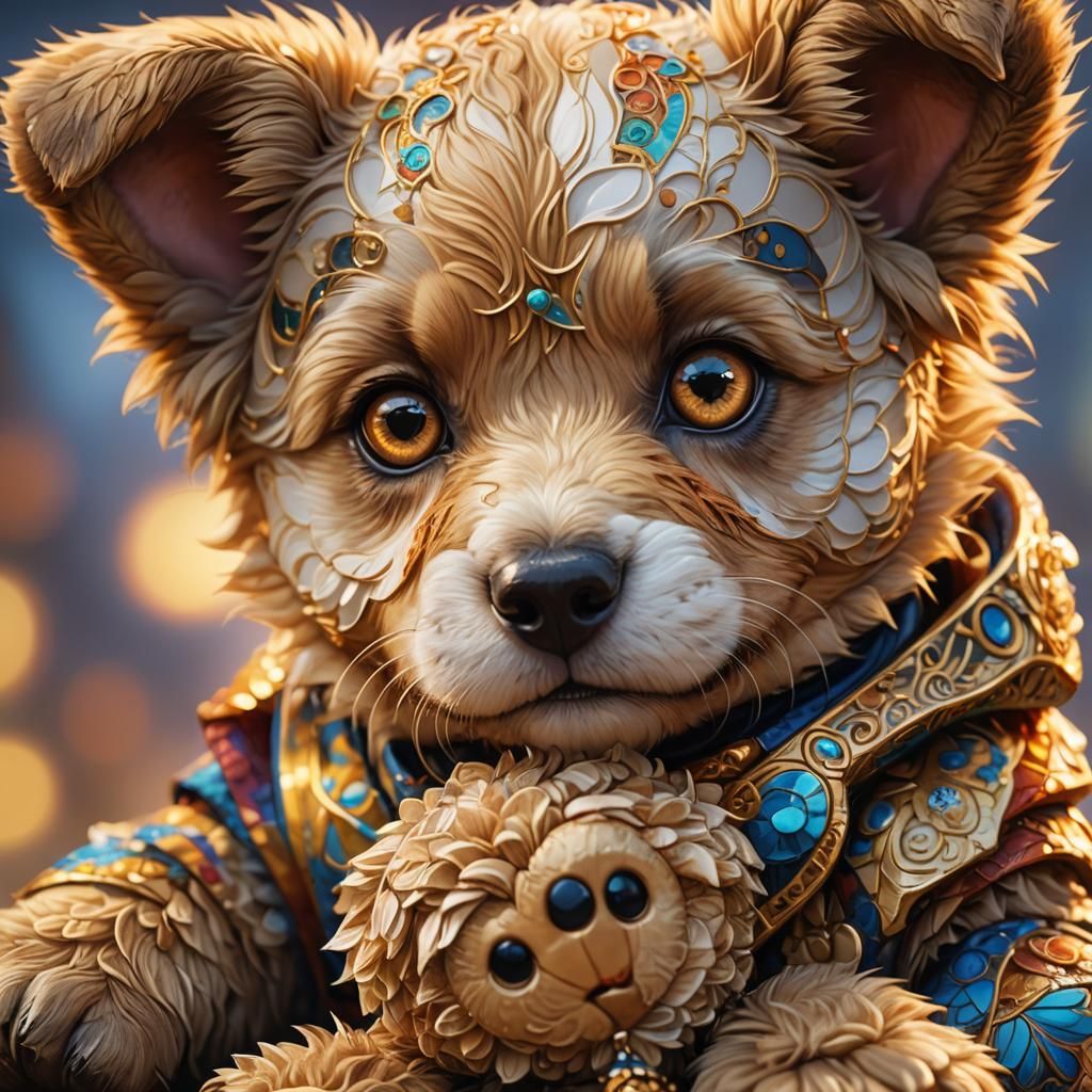 Puppy and Teddy Bear in Oil Painting Style