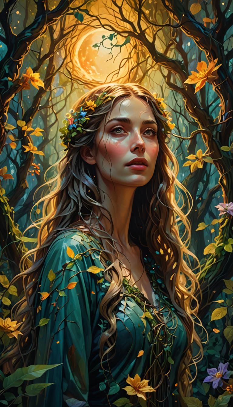 Mystical Woman in Moonlit Forest: Surreal Oil Painting