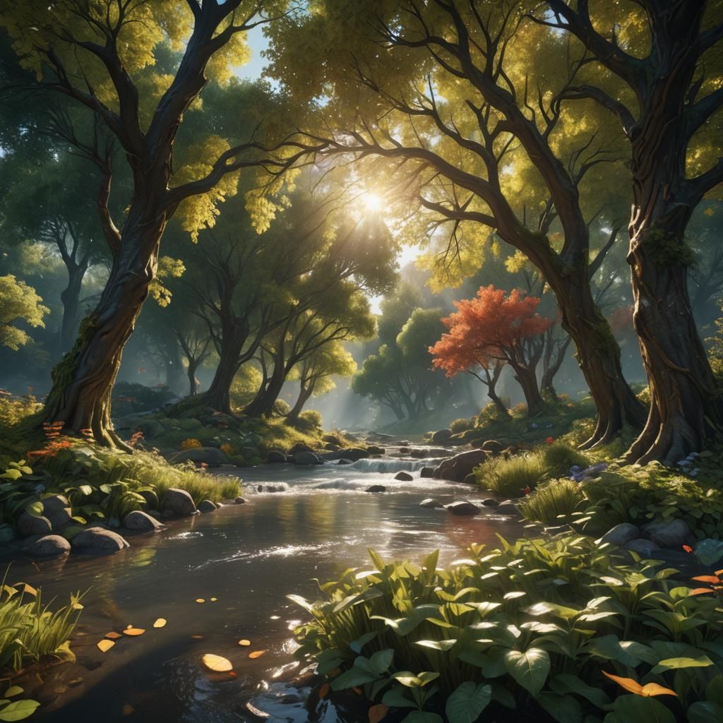 Garden River in Sunlight: Detailed Matte Painting