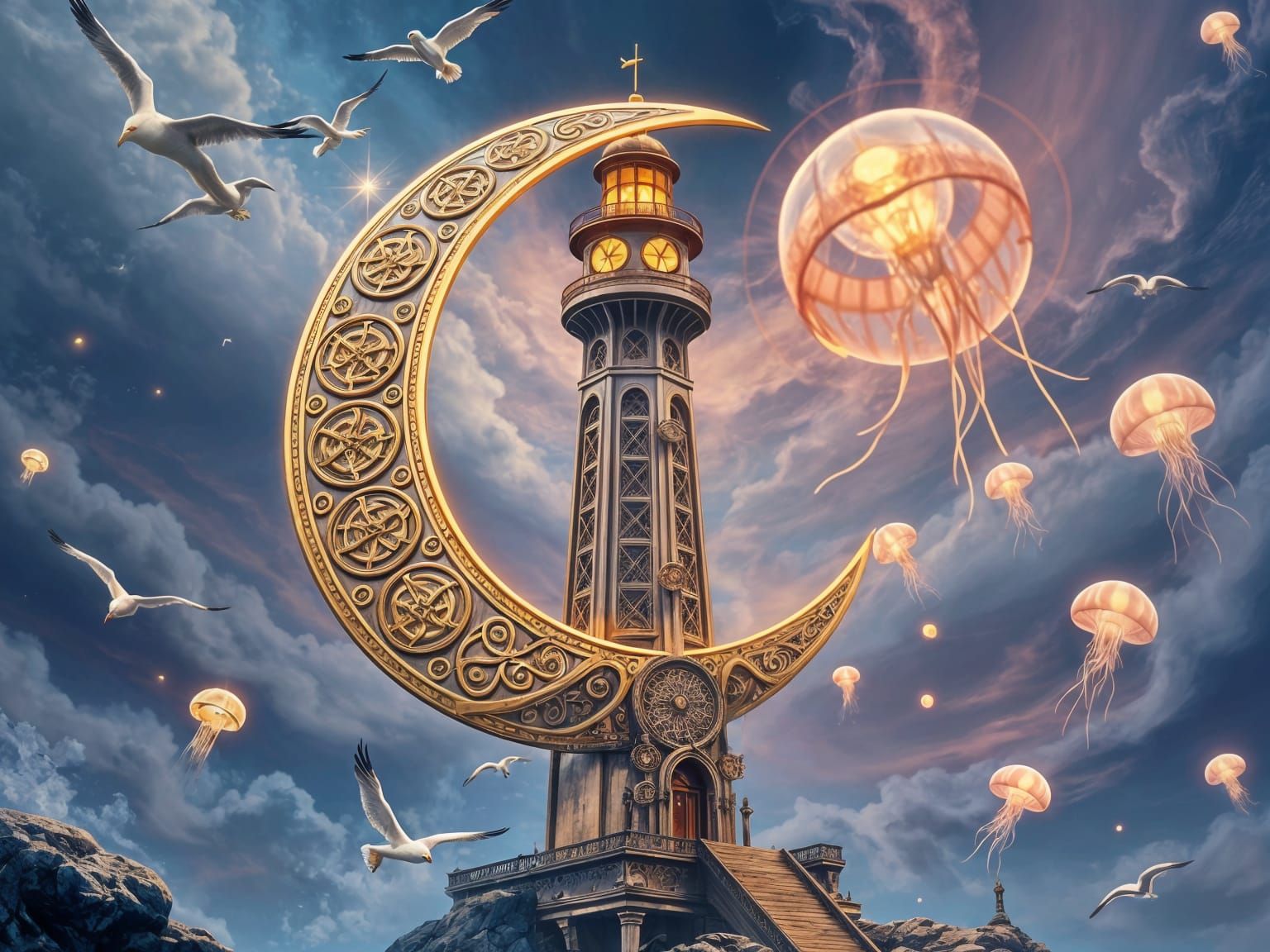 Surreal Steampunk Lighthouse Tower in Whimsical Futuristic L...