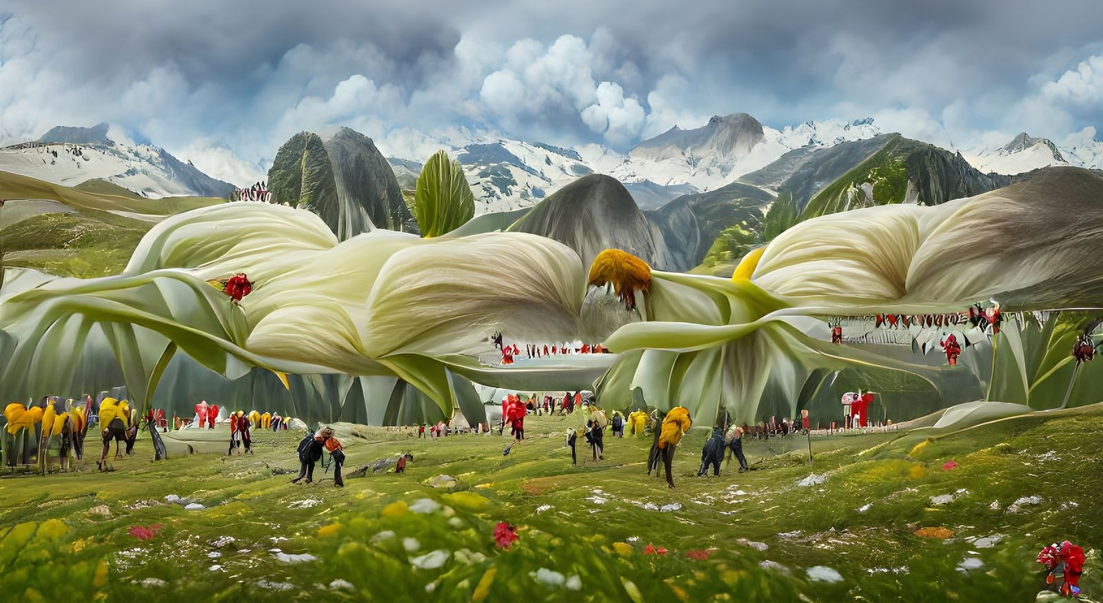 Exotic Flowers Meet Snowy Mountains in Naive Art