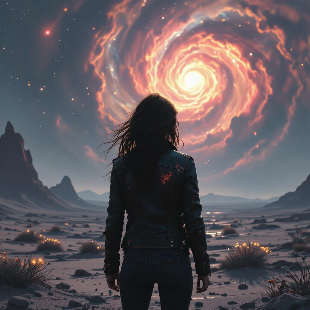 Woman Gazing at Nebula on Alien Planet