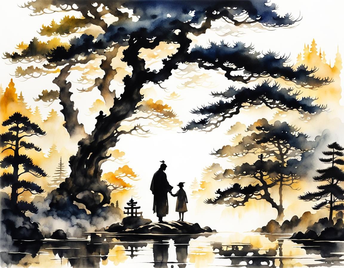 Ethereal Watercolor Silhouette of Father and Daughter