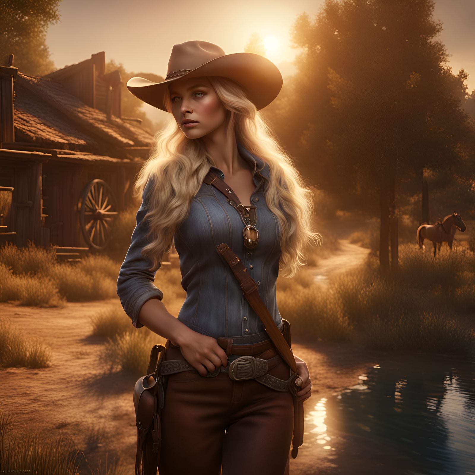 Woman with Dappled Pony at Sunset: Fantasy Art