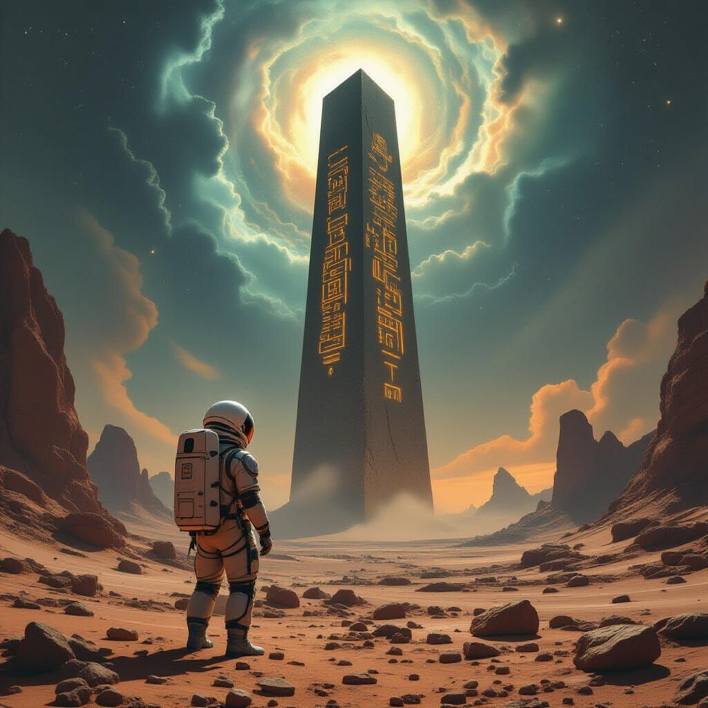 Astronaut and Alien Obelisk in Cosmic Horror Style