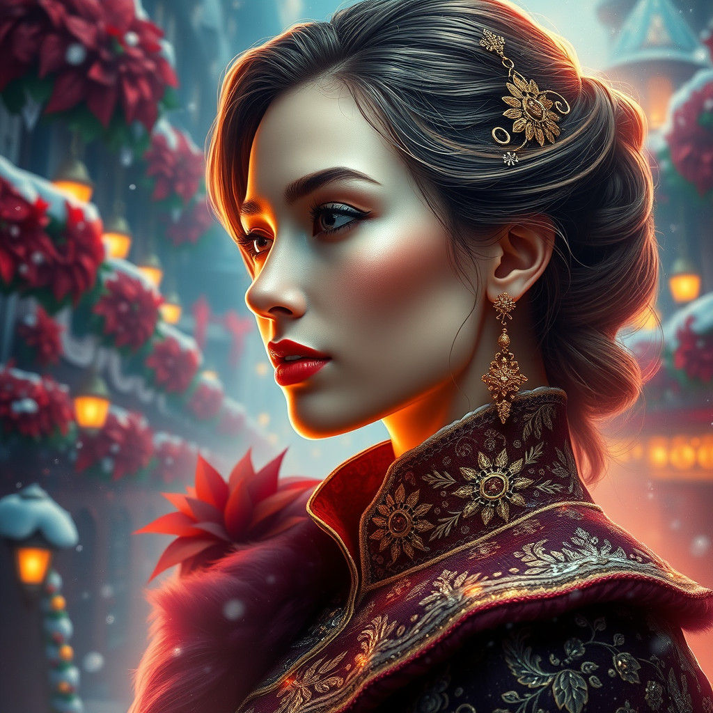 Ethereal Woman in Magical Poinsettia City