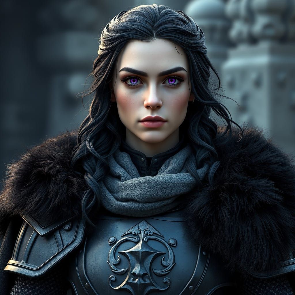 Elegant Female Knight in Winterfell Armor, with Violet Eyes