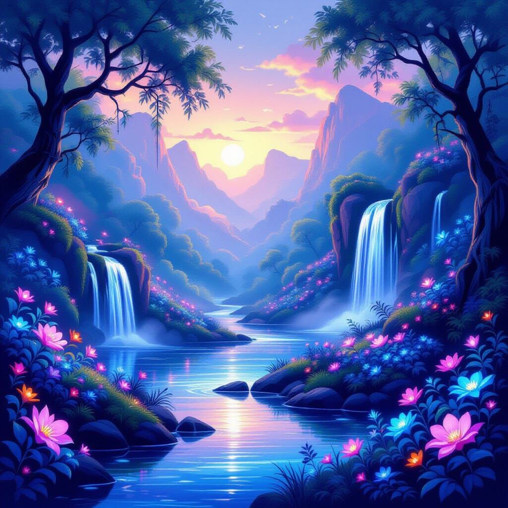Bioluminescent Hidden World with Waterfalls in Airbrush Styl...