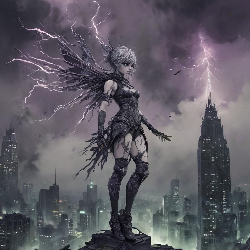 Ethereal Urban Punk Fairy Amidst Electric Storm