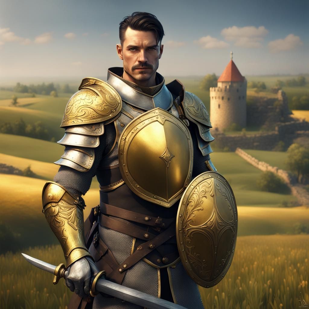 Fantasy Knight in Golden Armor on Farmland