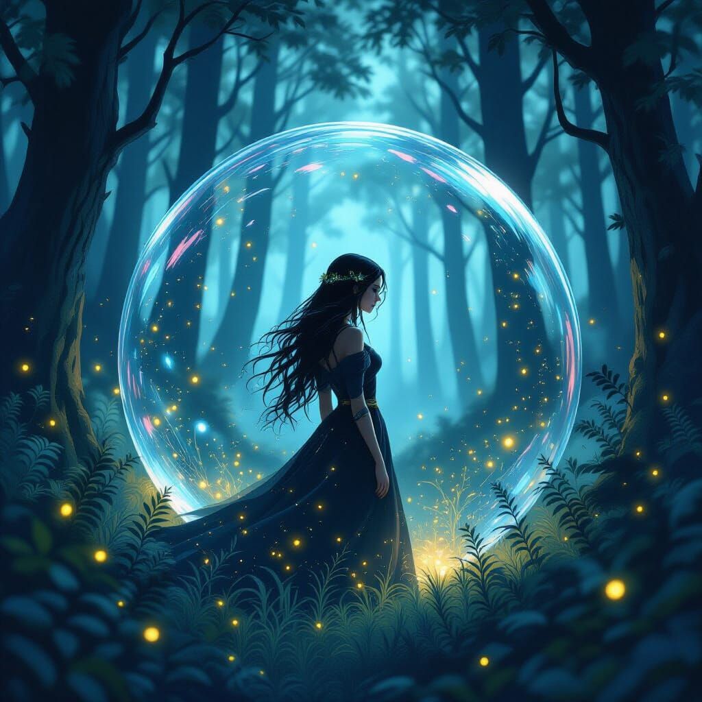 Mystical Woman in Forest Bubble: Ethereal Digital Art