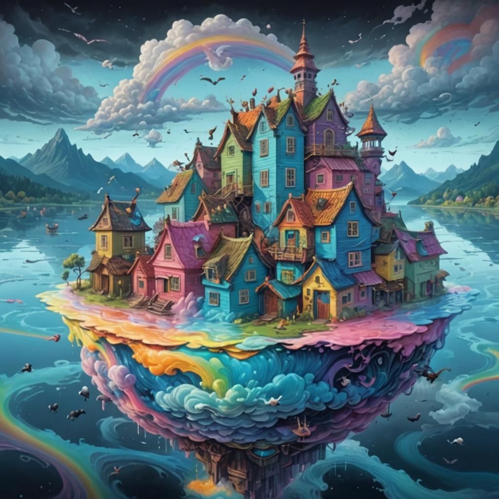 Colorful Non-Newtonian Fluid Lake with Floating Village