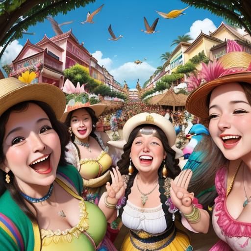 Dancing Ladies and Birds in a Tropical Festival