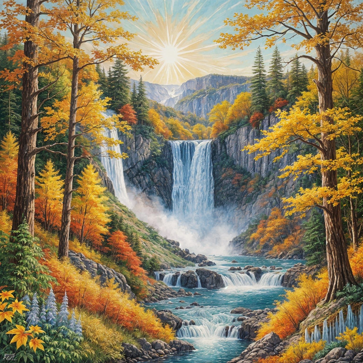 Niagara Falls: Watercolor Autumn Landscape in Pop Art Style