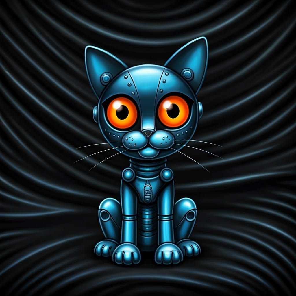Cute Blue Metal Cat Drawing in Gothic Style