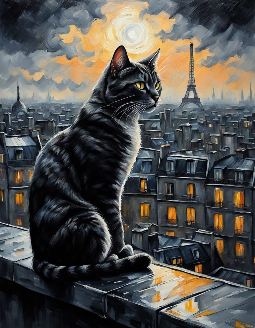 Cat and Child Share Warmth in Rainy Paris, Pencil Art