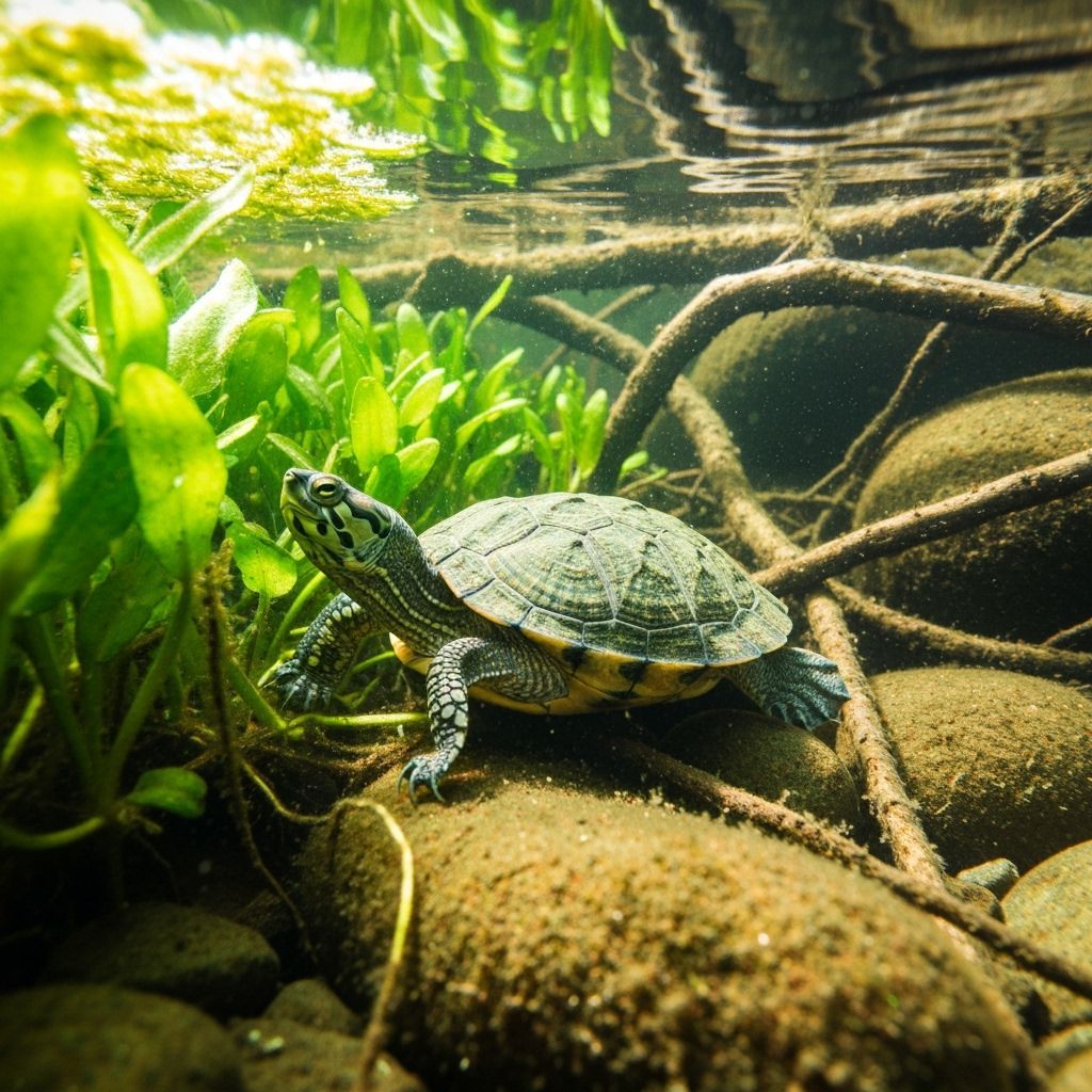 Freshwater Turtle in a Lush Underwater Spring River