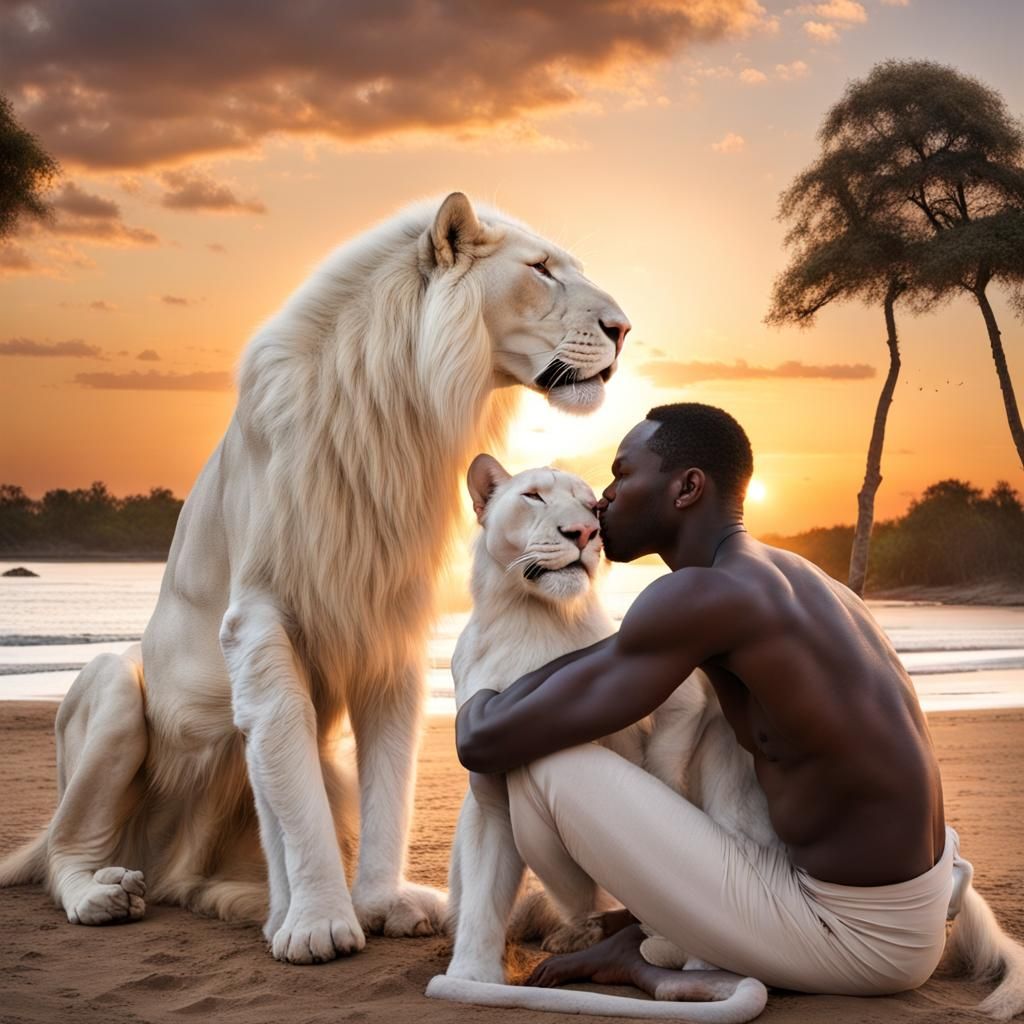 Interracial Kiss on Neptune with White Lions
