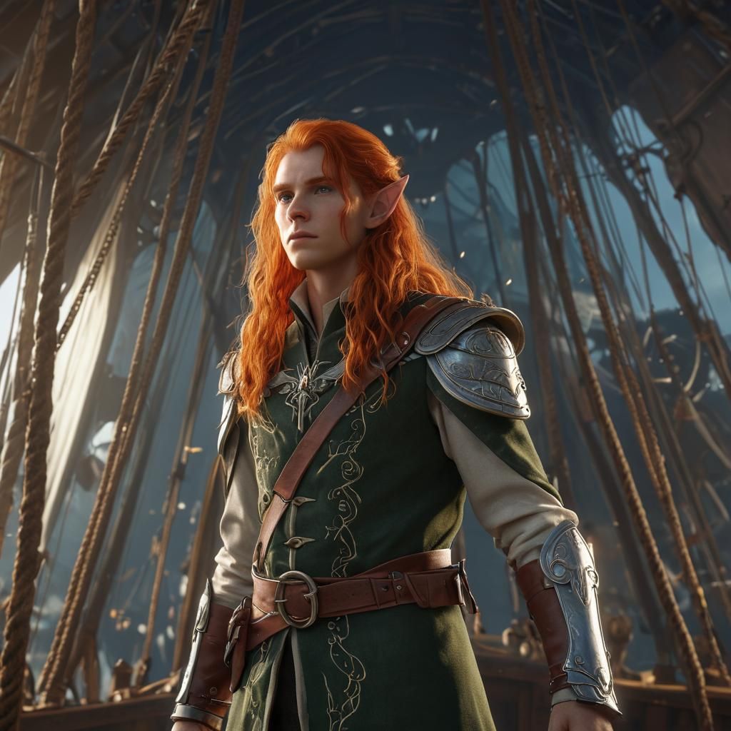 Elf Captain at Airship Prow: Fantasy Art Masterpiece