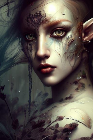 Auburn-Haired Elf with Black Flowers in Digital Art