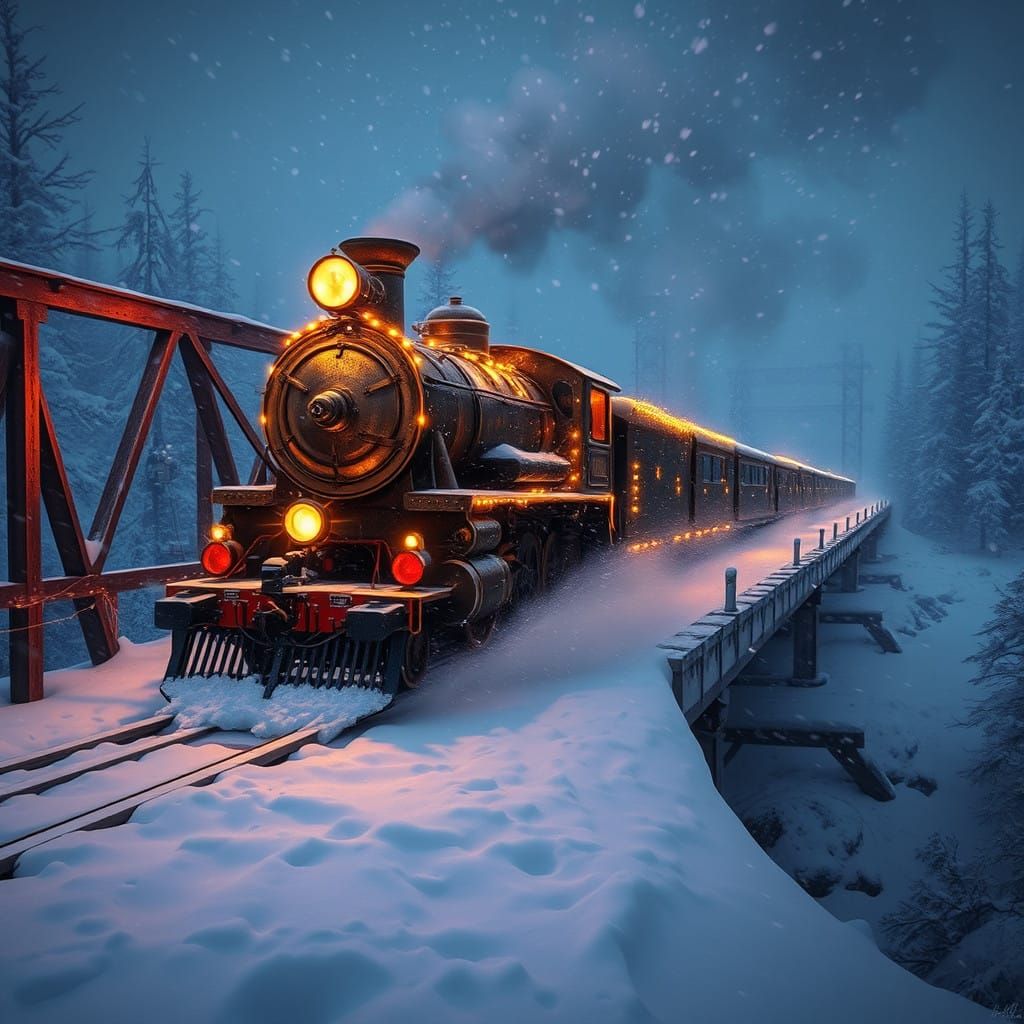 Steam Locomotive Illuminated in Winter Wonderland with Snowy...