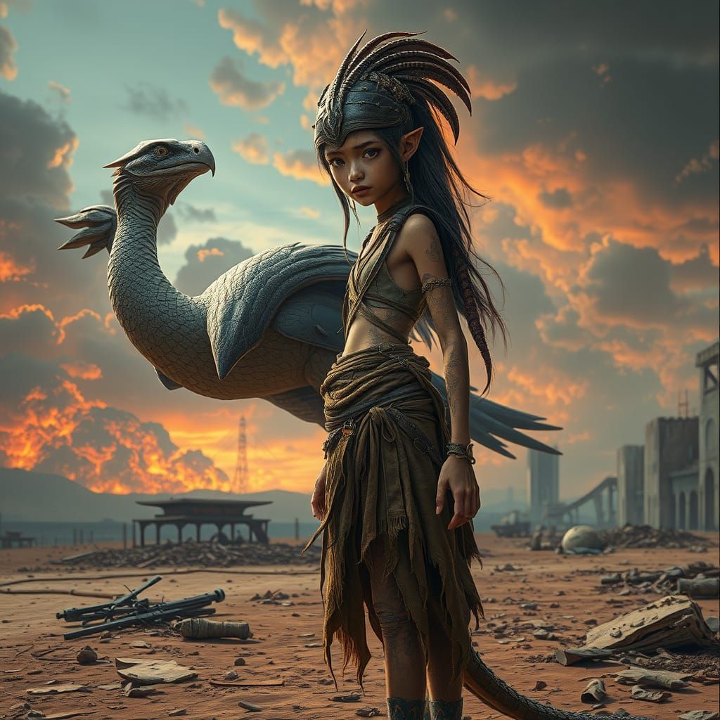 Apocalyptic Reptilian Woman Protected by Bird, Dreamlike Art
