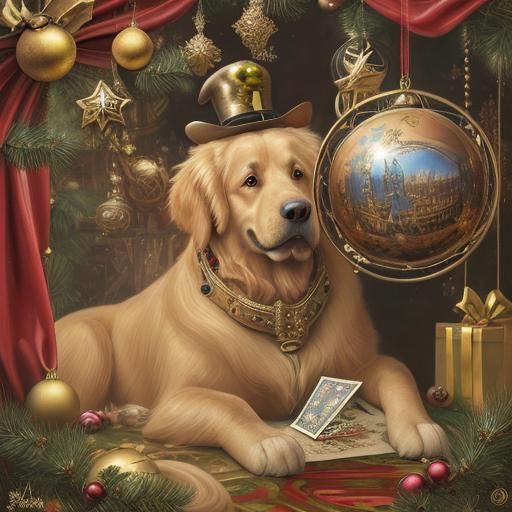 Golden Retriever in Christmas Ball: Steampunk Surrealism