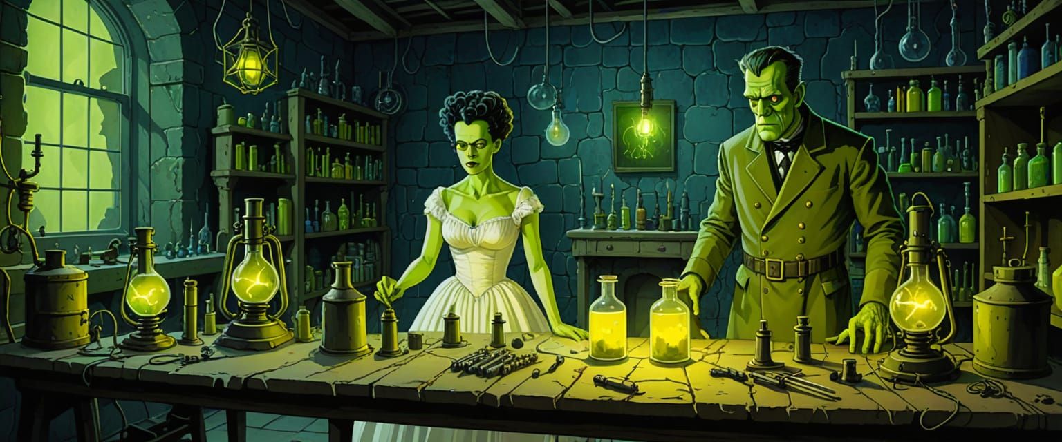 Frankenstein and Bride in Castle Laboratory in Watercolor St...