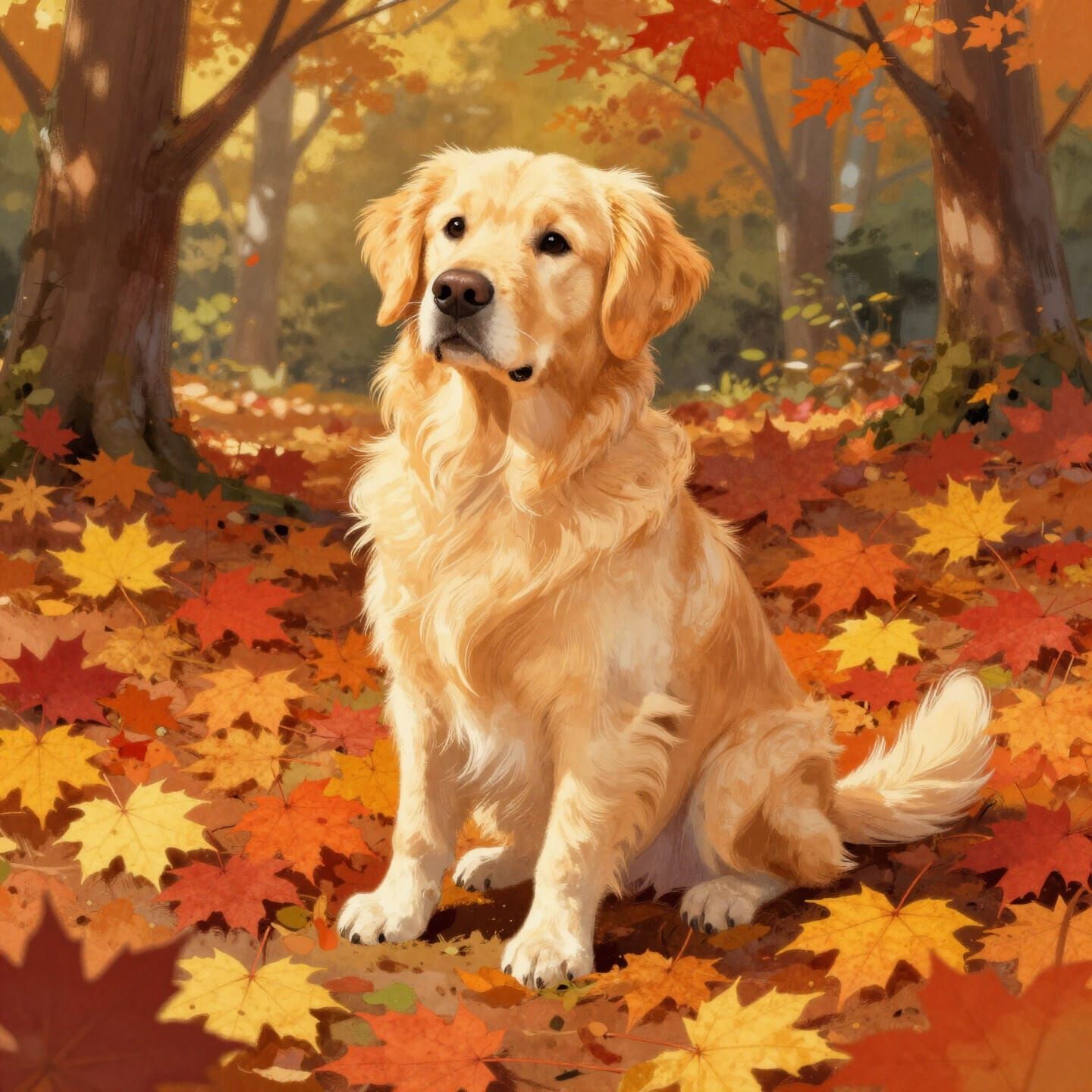 Fluffy Golden Retriever in Autumn Leaves