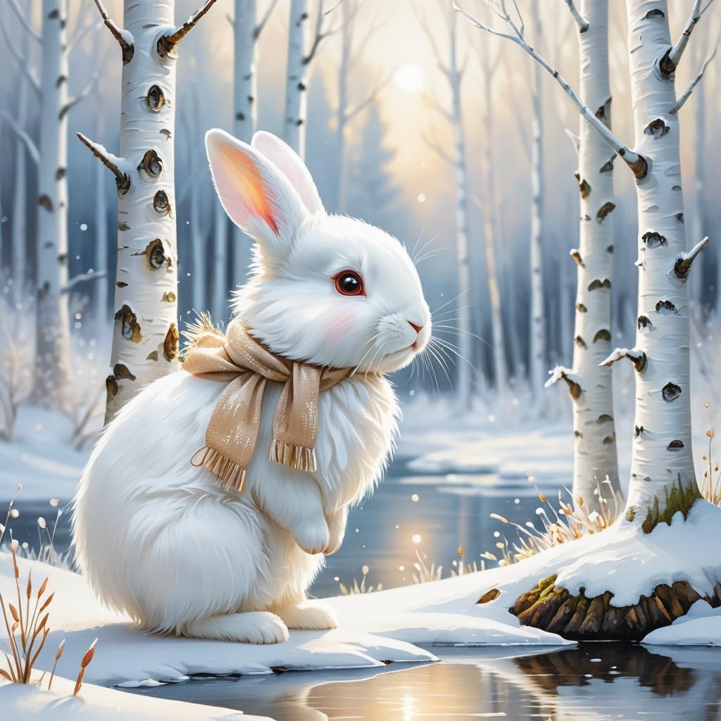 Albino Rabbit in Snowy Landscape: Impasto Watercolor