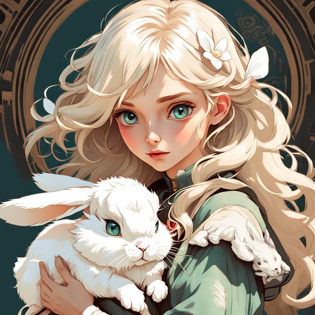 Dreamy Portrait of Woman with Bunny, Hyperdetailed Art