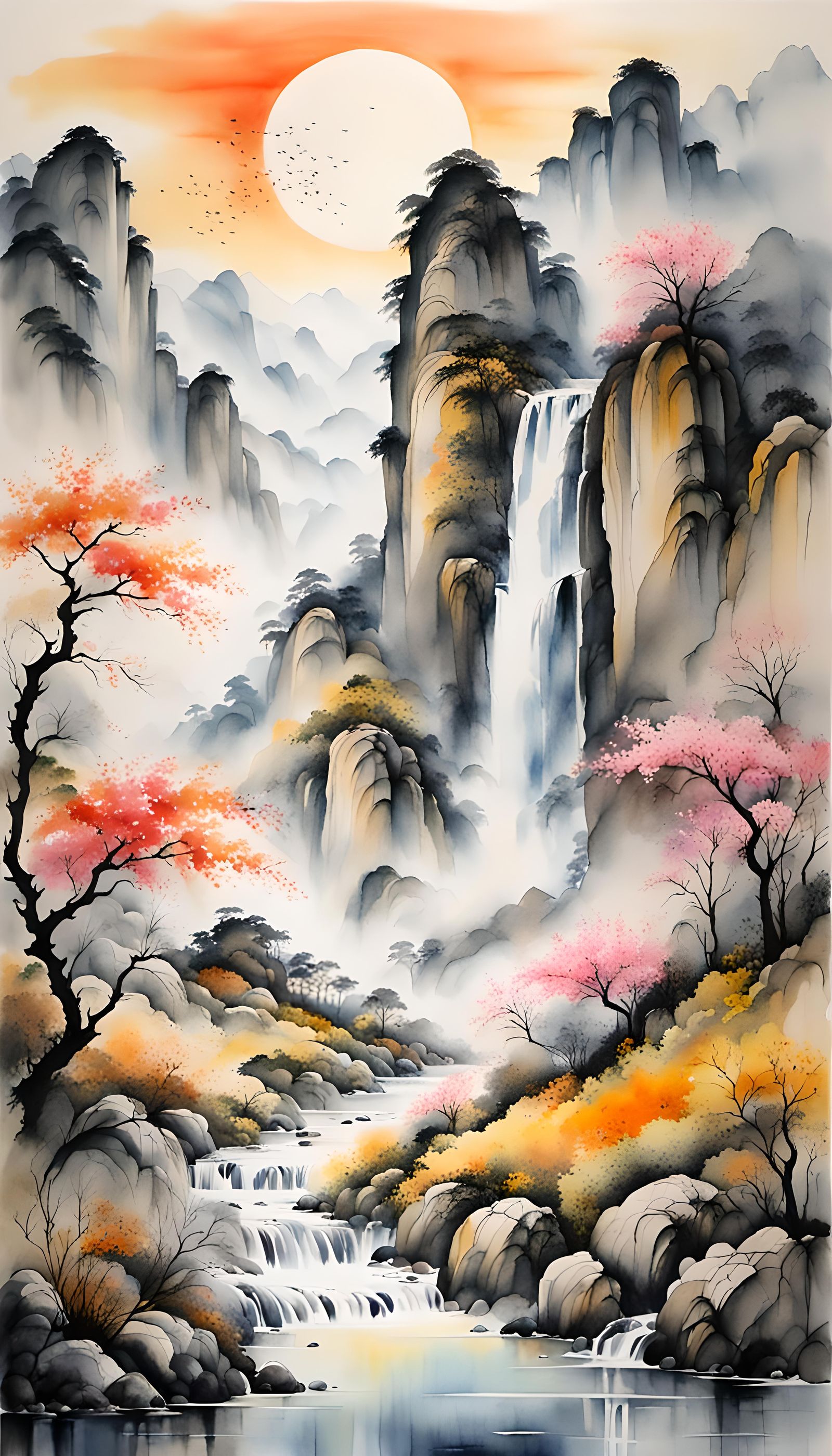 Watercolor Waterfall Painting with Floral Hills at Sunset