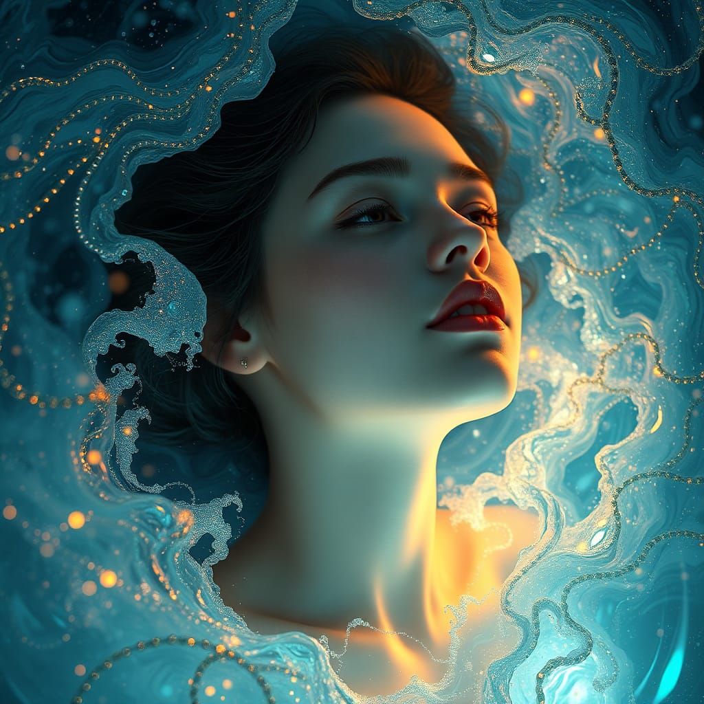 Woman Submerged in Ocean of Emotion, Digital Art