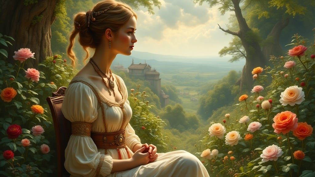 Elegant Woman in a Tranquil Garden Scene in Impressionist St...