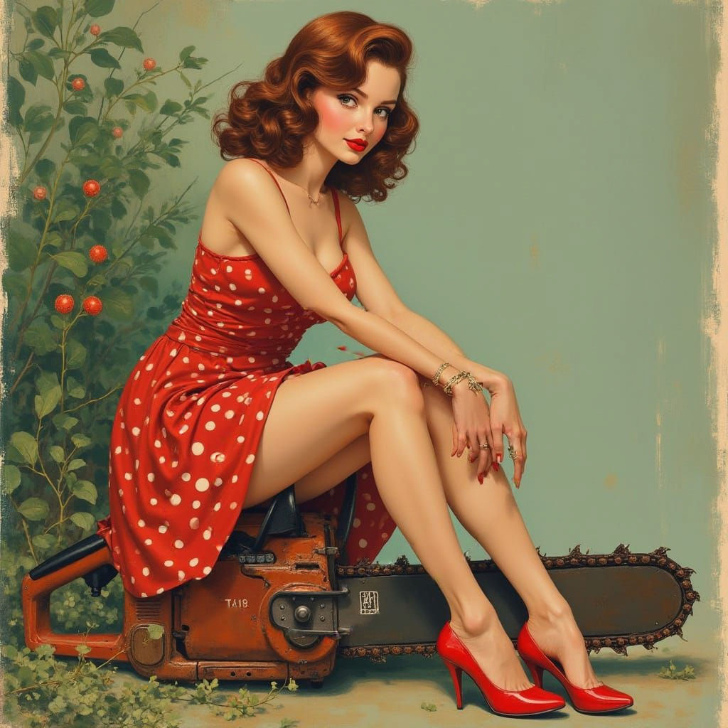 Midcentury Pinup Girl with Chainsaw in Bold Colors