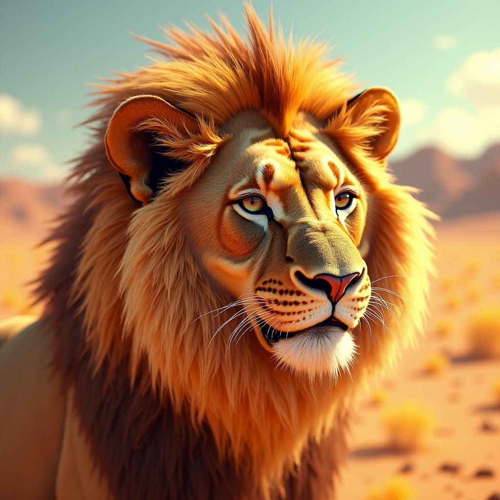 Lion's Face in Scorching Desert Sunlight