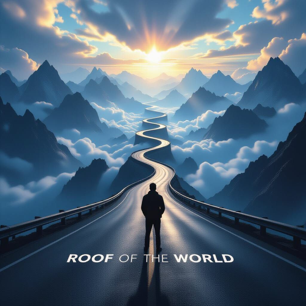 Man on Infinite Road at World's Roof, Dramatic Celestial Lig...