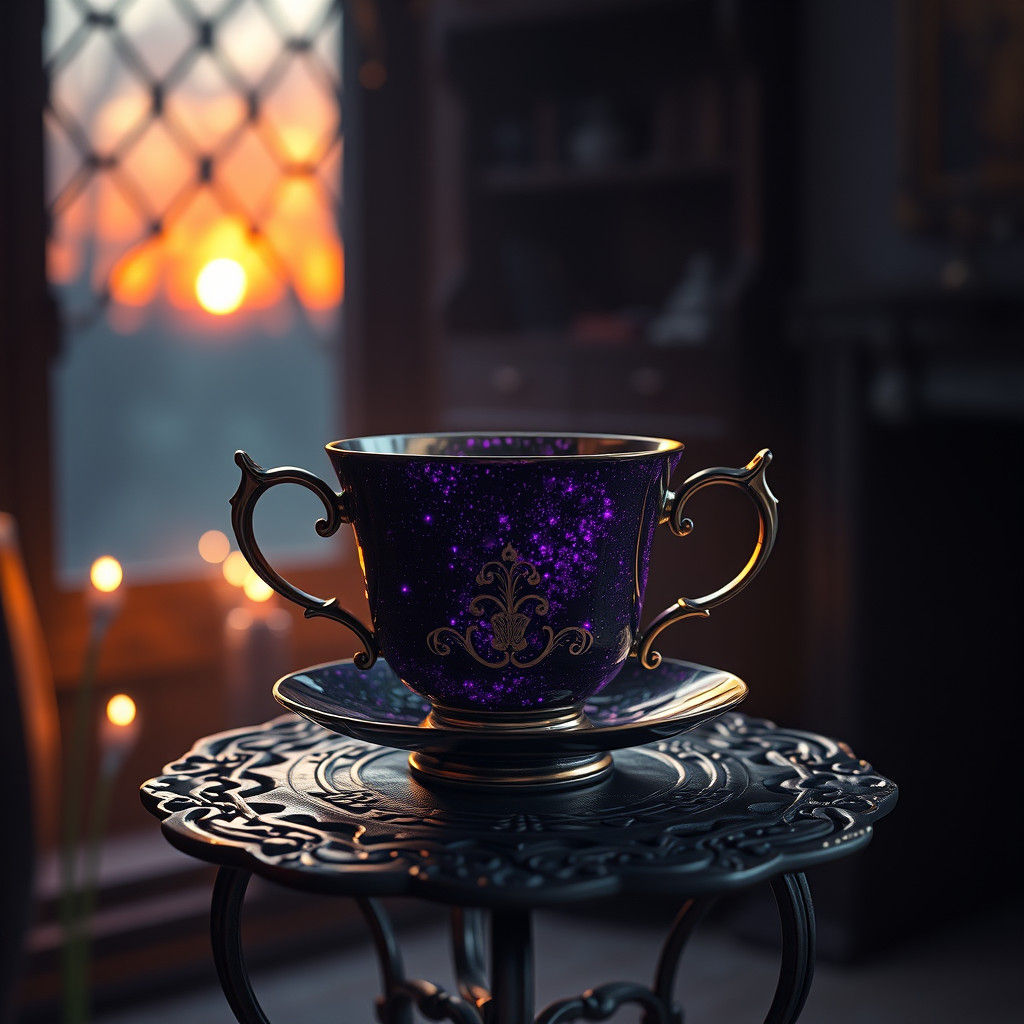 Mystical Tea Cup with Purple Sparkles