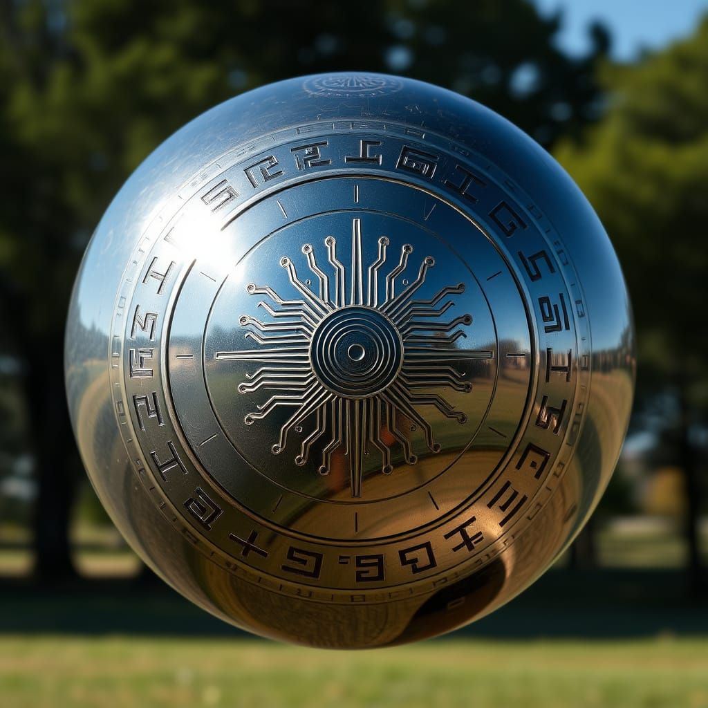 Reflective Sphere with Etched Markings Floating in Field