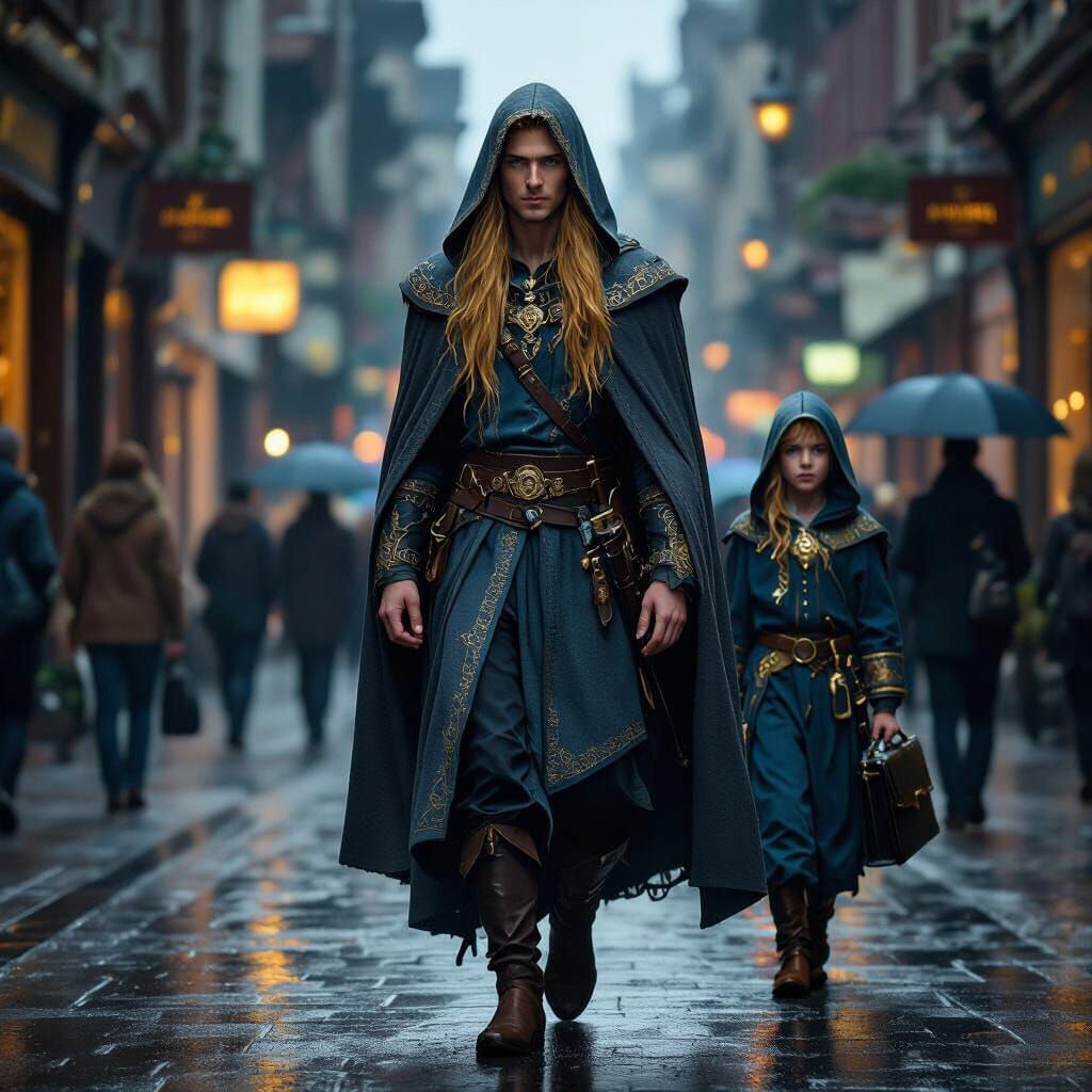 Elf Prince Walks Through Rainy City at Night