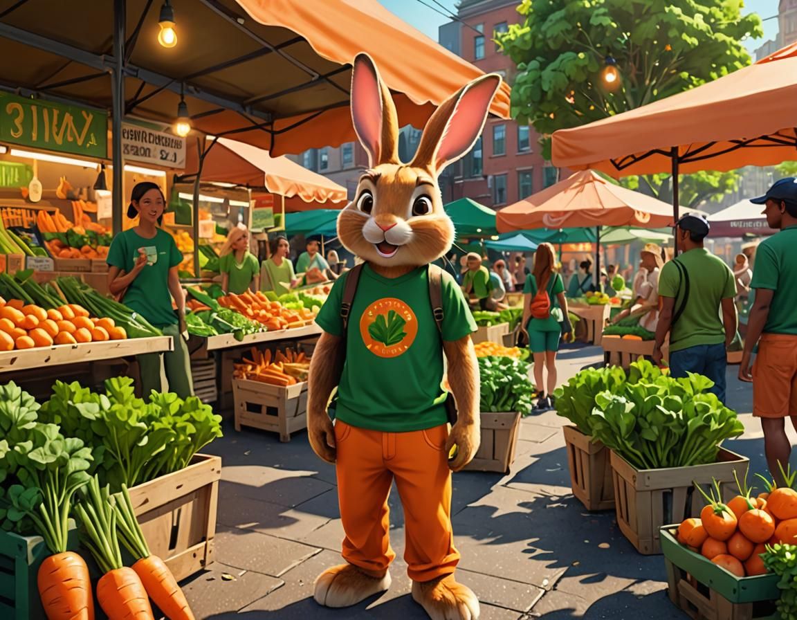 Cartoon Rabbit at Farmer's Market, Pixar Style